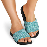 Cyan Palaka Quilt Hawaii Slide Sandals Hawaiian Tropical Monstera Sea Turtle LT14 - Polynesian Pride