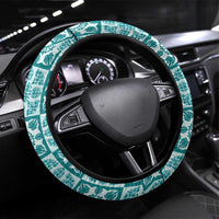 Cyan Palaka Quilt Hawaii Steering Wheel Cover Hawaiian Tropical Monstera Sea Turtle LT14 Universal Fit Cyan - Polynesian Pride