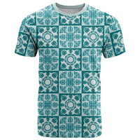 Cyan Palaka Quilt Hawaii T Shirt Hawaiian Tropical Monstera Sea Turtle LT14 Cyan - Polynesian Pride