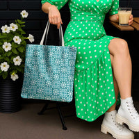 Cyan Palaka Quilt Hawaii Tote Bag Hawaiian Tropical Monstera Sea Turtle LT14 - Polynesian Pride