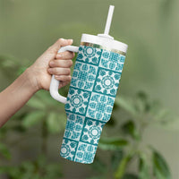 Cyan Palaka Quilt Hawaii Tumbler With Handle Hawaiian Tropical Monstera Sea Turtle LT14 - Polynesian Pride