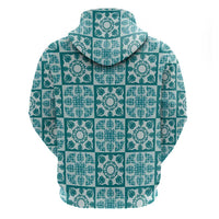 Cyan Palaka Quilt Hawaii Zip Hoodie Hawaiian Tropical Monstera Sea Turtle LT14 - Polynesian Pride