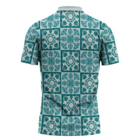 Cyan Palaka Quilt Hawaii Zipper Polo Shirt Hawaiian Tropical Monstera Sea Turtle LT14 - Polynesian Pride