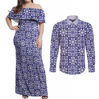 Polu Palaka Quilt Hawaii Couples Matching Off Shoulder Maxi Dress and Long Sleeve Button Shirt Hawaiian Tropical Monstera Sea Turtle