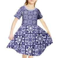 Polu Palaka Quilt Hawaii Kid Short Sleeve Dress Hawaiian Tropical Monstera Sea Turtle