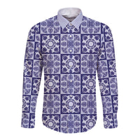 Polu Palaka Quilt Hawaii Long Sleeve Button Shirt Hawaiian Tropical Monstera Sea Turtle LT14 Unisex Blue - Polynesian Pride