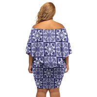 Polu Palaka Quilt Hawaii Off Shoulder Short Dress Hawaiian Tropical Monstera Sea Turtle LT14 - Polynesian Pride