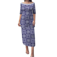 Polu Palaka Quilt Hawaii Puletasi Hawaiian Tropical Monstera Sea Turtle LT14 Long Dress Blue - Polynesian Pride