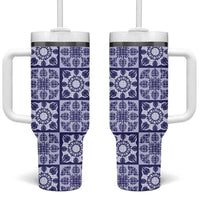 Polu Palaka Quilt Hawaii Tumbler With Handle Hawaiian Tropical Monstera Sea Turtle LT14 One Size: 40 oz Blue - Polynesian Pride