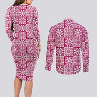 Akala Palaka Quilt Hawaii Couples Matching Long Sleeve Bodycon Dress and Long Sleeve Button Shirt Hawaiian Tropical Monstera Sea Turtle