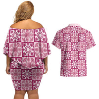 Akala Palaka Quilt Hawaii Couples Matching Off Shoulder Short Dress and Hawaiian Shirt Hawaiian Tropical Monstera Sea Turtle