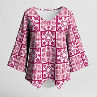 Akala Palaka Quilt Hawaii Kimono Sleeve Blouse Hawaiian Tropical Monstera Sea Turtle LT14 Female Pink - Polynesian Pride