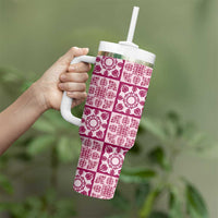 Akala Palaka Quilt Hawaii Tumbler With Handle Hawaiian Tropical Monstera Sea Turtle LT14 - Polynesian Pride