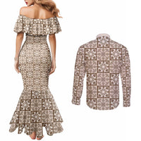 Beige Palaka Quilt Hawaii Couples Matching Mermaid Dress and Long Sleeve Button Shirt Hawaiian Tropical Monstera Sea Turtle