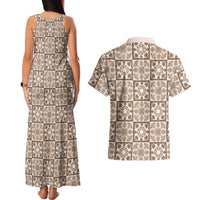 Beige Palaka Quilt Hawaii Couples Matching Tank Maxi Dress and Hawaiian Shirt Hawaiian Tropical Monstera Sea Turtle