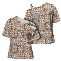 Beige Palaka Quilt Hawaii Cross Shoulder Shirt Hawaiian Tropical Monstera Sea Turtle LT14 - Polynesian Pride