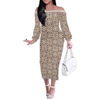 Beige Palaka Quilt Hawaii Family Matching Off The Shoulder Long Sleeve Dress and Hawaiian Shirt Hawaiian Tropical Monstera Sea Turtle