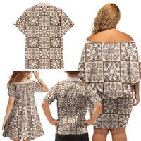 Beige Palaka Quilt Hawaii Family Matching Off Shoulder Short Dress and Hawaiian Shirt Hawaiian Tropical Monstera Sea Turtle