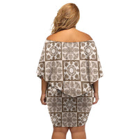 Beige Palaka Quilt Hawaii Family Matching Off Shoulder Short Dress and Hawaiian Shirt Hawaiian Tropical Monstera Sea Turtle