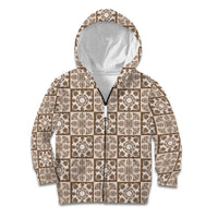 Beige Palaka Quilt Hawaii Kid Hoodie Hawaiian Tropical Monstera Sea Turtle LT14 Zip Hoodie Beige - Polynesian Pride