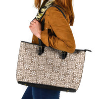 Beige Palaka Quilt Hawaii Leather Tote Bag Hawaiian Tropical Monstera Sea Turtle LT14 Beige - Polynesian Pride