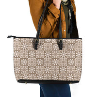 Beige Palaka Quilt Hawaii Leather Tote Bag Hawaiian Tropical Monstera Sea Turtle LT14 - Polynesian Pride