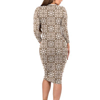 Beige Palaka Quilt Hawaii Long Sleeve Bodycon Dress Hawaiian Tropical Monstera Sea Turtle LT14 - Polynesian Pride