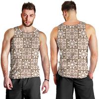 Beige Palaka Quilt Hawaii Men Tank Top Hawaiian Tropical Monstera Sea Turtle LT14 - Polynesian Pride