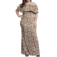 Beige Palaka Quilt Hawaii Off Shoulder Maxi Dress Hawaiian Tropical Monstera Sea Turtle LT14 Women Beige - Polynesian Pride