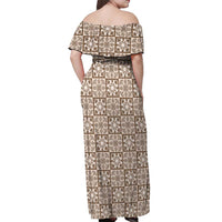 Beige Palaka Quilt Hawaii Off Shoulder Maxi Dress Hawaiian Tropical Monstera Sea Turtle LT14 - Polynesian Pride