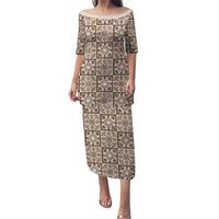 Beige Palaka Quilt Hawaii Puletasi Hawaiian Tropical Monstera Sea Turtle LT14 Long Dress Beige - Polynesian Pride