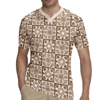 Beige Palaka Quilt Hawaii Rugby Jersey Hawaiian Tropical Monstera Sea Turtle LT14 - Polynesian Pride