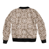 Beige Palaka Quilt Hawaii Sleeve Zip Bomber Jacket Hawaiian Tropical Monstera Sea Turtle LT14 - Polynesian Pride