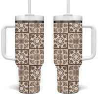 Beige Palaka Quilt Hawaii Tumbler With Handle Hawaiian Tropical Monstera Sea Turtle LT14 One Size: 40 oz Beige - Polynesian Pride