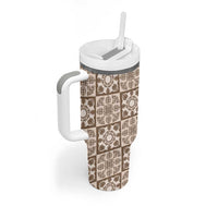 Beige Palaka Quilt Hawaii Tumbler With Handle Hawaiian Tropical Monstera Sea Turtle LT14 - Polynesian Pride