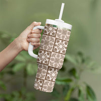 Beige Palaka Quilt Hawaii Tumbler With Handle Hawaiian Tropical Monstera Sea Turtle LT14 - Polynesian Pride