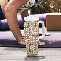 Beige Palaka Quilt Hawaii Tumbler With Handle Hawaiian Tropical Monstera Sea Turtle LT14 - Polynesian Pride
