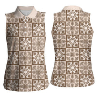 Beige Palaka Quilt Hawaii Women Sleeveless Polo Shirt Hawaiian Tropical Monstera Sea Turtle