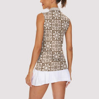 Beige Palaka Quilt Hawaii Women Sleeveless Polo Shirt Hawaiian Tropical Monstera Sea Turtle