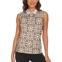 Beige Palaka Quilt Hawaii Women Sleeveless Polo Shirt Hawaiian Tropical Monstera Sea Turtle