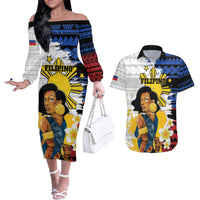 Personalised Philippines Women's Day Couples Matching Off The Shoulder Long Sleeve Dress and Hawaiian Shirt Filipino Golden Sun With Polynesian Pattern LT14 Red - Polynesian Pride