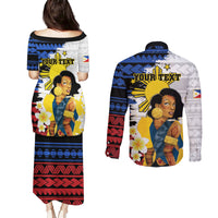 Personalised Philippines Women's Day Couples Matching Puletasi and Long Sleeve Button Shirt Filipino Golden Sun With Polynesian Pattern LT14 - Polynesian Pride