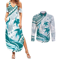 Cyan Polynesia Couples Matching Summer Maxi Dress and Long Sleeve Button Shirt Polynesian Turtle Shark Tattoo Tropical Vintage LT14 Cyan - Polynesian Pride
