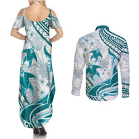 Cyan Polynesia Couples Matching Summer Maxi Dress and Long Sleeve Button Shirt Polynesian Turtle Shark Tattoo Tropical Vintage LT14 - Polynesian Pride