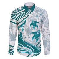 Cyan Polynesia Family Matching Off Shoulder Long Sleeve Dress and Hawaiian Shirt Polynesian Turtle Shark Tattoo Tropical Vintage LT14 Dad's Shirt - Long Sleeve Cyan - Polynesian Pride
