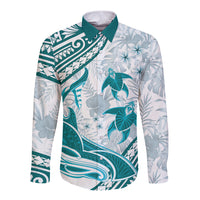 Cyan Polynesia Long Sleeve Button Shirt Polynesian Turtle Shark Tattoo Tropical Vintage LT14 Unisex Cyan - Polynesian Pride