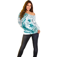 Cyan Polynesia Off Shoulder Sweater Polynesian Turtle Shark Tattoo Tropical Vintage LT14 - Polynesian Pride