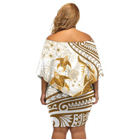 Gold Polynesia Off Shoulder Short Dress Polynesian Turtle Shark Tattoo Tropical Vintage LT14 - Polynesian Pride