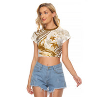 Gold Polynesia Raglan Cropped T Shirt Polynesian Turtle Shark Tattoo Tropical Vintage LT14 Female Gold - Polynesian Pride