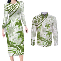 Lime Green Polynesia Couples Matching Long Sleeve Bodycon Dress and Long Sleeve Button Shirt Polynesian Turtle Shark Tattoo Tropical Vintage LT14 Lime Green - Polynesian Pride